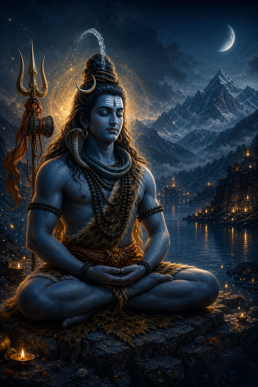 Lord Shiva in peaceful meditation beneath the Himalayan moon